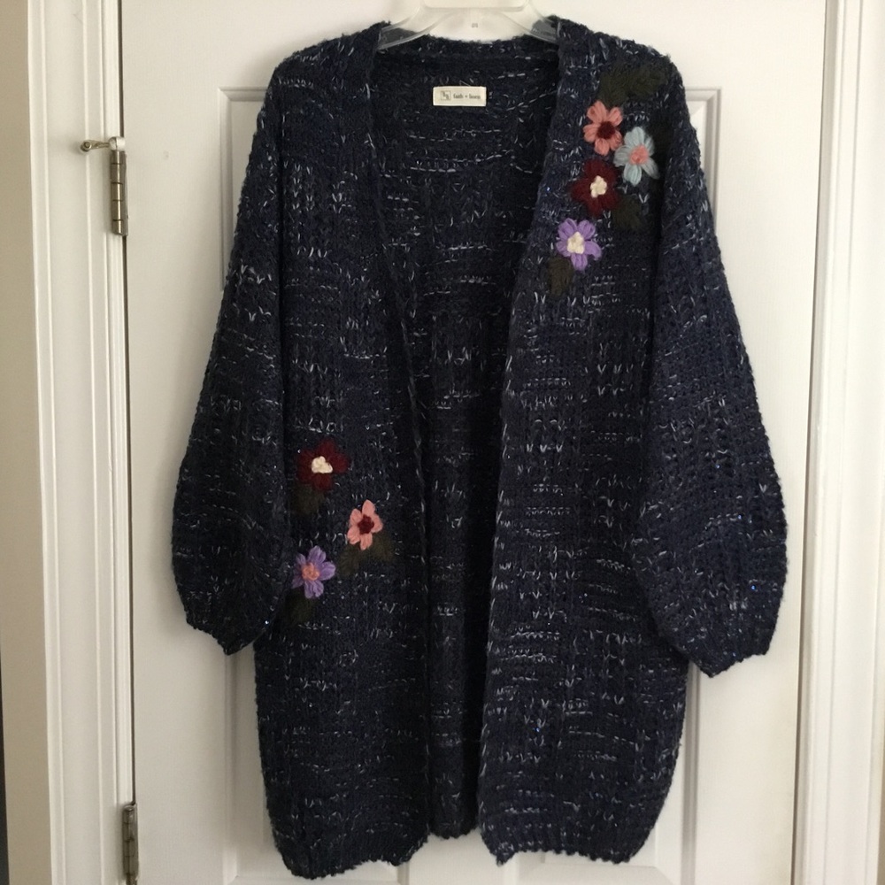 FAITH + LINEN navy floral sequin duster cardigan L XL